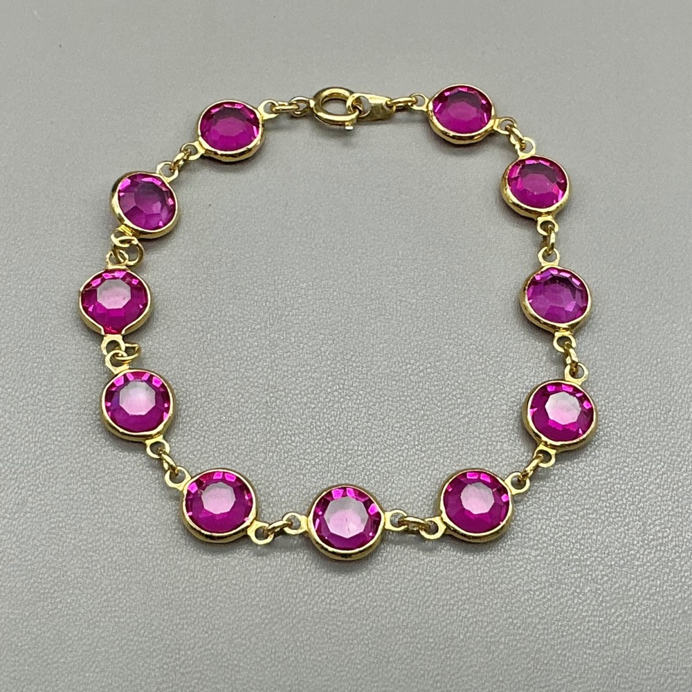 Faceted Pink Stone Bezel Set Link Bracelet Gold Tone Fashion Costume Jewelry
